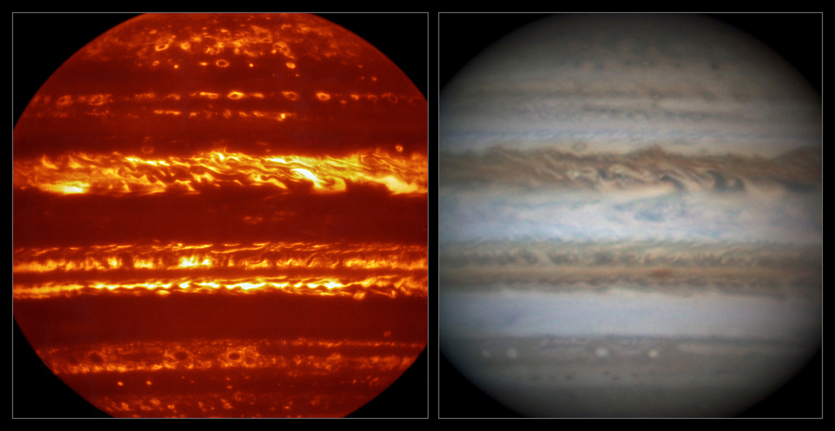 This view compares a lucky imaging view of Jupiter from VISIR (left) at infrared wavelengths with a very sharp amateur image in visible light from about the same time (right).